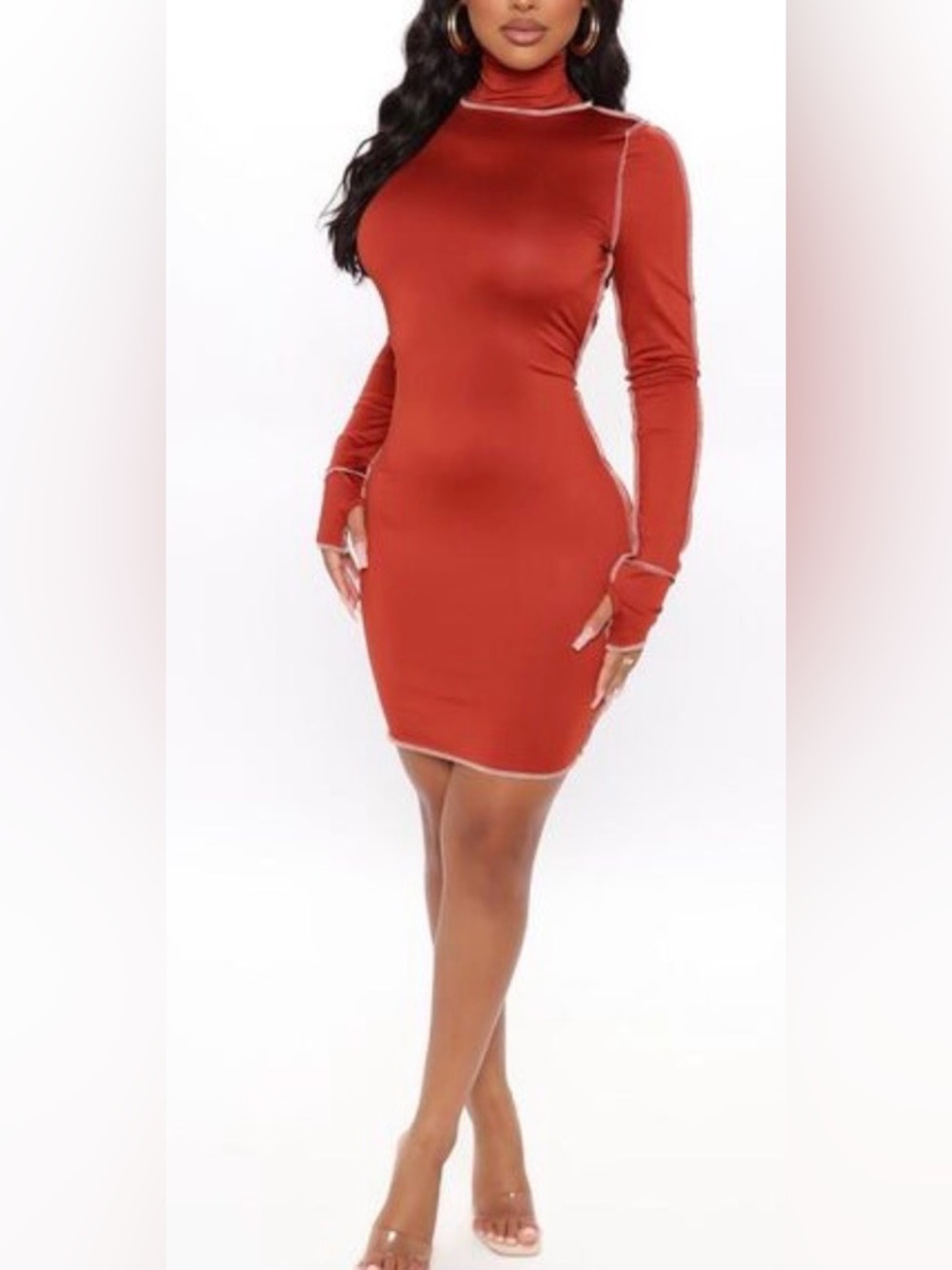 FN Long Sleeve Turtleneck Bodycon Dress in Rust